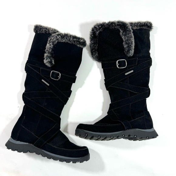 Skechers Faux Fur Winter Boots Black Leather Side Zip - Picture 1 of 8